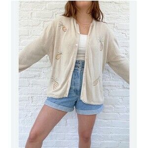 Coldwater Creek Silk Cotton Cardigan Sweater Womens L Ivory Pineapple Embroidery